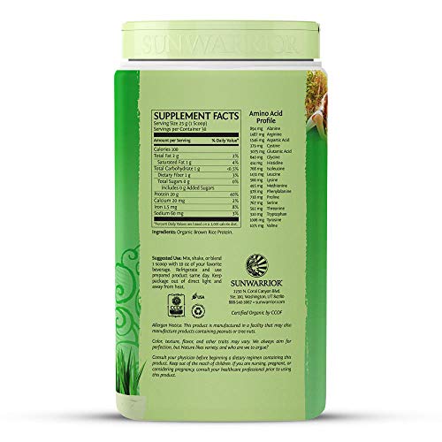 Sunwarrior - Organic Plant Based Protein - Soy Free, No Sugar Added, Gluten Free, Dairy Free, Certified Vegan (Natural, 750g)