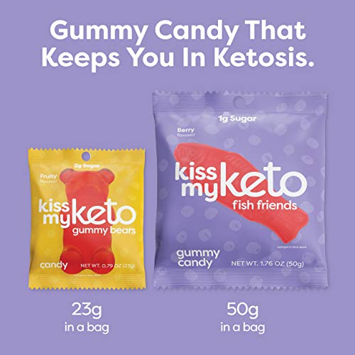 Kiss My Keto Candy Fish Friends — Low Sugar (1g), 80 Calories, Low Carb Candy Gummies with MCT Oil | Vegan Friendly, Non-GMO, Gluten Free Keto Sweets | 2g Net Carbs — 12 Individually Wrapped Packs