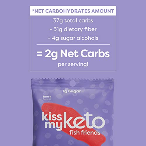 Kiss My Keto Candy Fish Friends — Low Sugar (1g), 80 Calories, Low Carb Candy Gummies with MCT Oil | Vegan Friendly, Non-GMO, Gluten Free Keto Sweets | 2g Net Carbs — 12 Individually Wrapped Packs