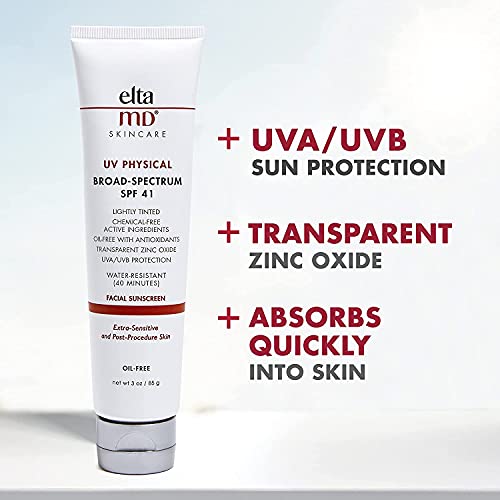 EltaMD UV Physical Tinted Mineral Sunscreen, Chemical-Free Face Sunscreen for Sensitive Skin and Post-Procedure Skin, Non-Greasy, Broad-Spectrum SPF 41, 3.0 oz