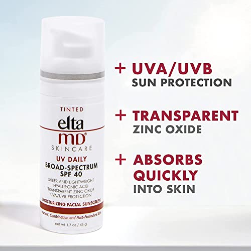 EltaMD UV Daily Moisturizer with SPF Tinted Face Sunscreen with Hyaluronic Acid, Broad Spectrum SPF 40 Face Sunscreen Moisturizer, Non greasy, Sheer Lotion, Mineral-Based Sun Protection, 1.7 oz