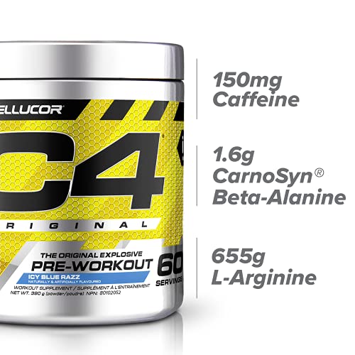 Cellucor C4 Original Pre Workout Powder, Energy Drink Supplement with Creatine, Nitric Oxide & Beta Alanine, Icy Blue Razz, 60 Servings