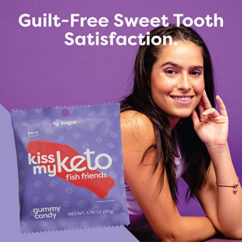 Kiss My Keto Candy Fish Friends — Low Sugar (1g), 80 Calories, Low Carb Candy Gummies with MCT Oil | Vegan Friendly, Non-GMO, Gluten Free Keto Sweets | 2g Net Carbs — 12 Individually Wrapped Packs