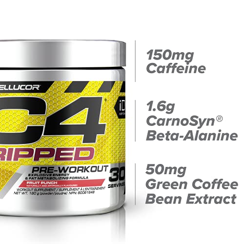 C4 Ripped Pre Workout Powder Fruit Punch | Creatine Free + Sugar Free Preworkout Energy Supplement for Men & Women | 150mg Caffeine + Beta Alanine + Weight Loss | 30 Servings