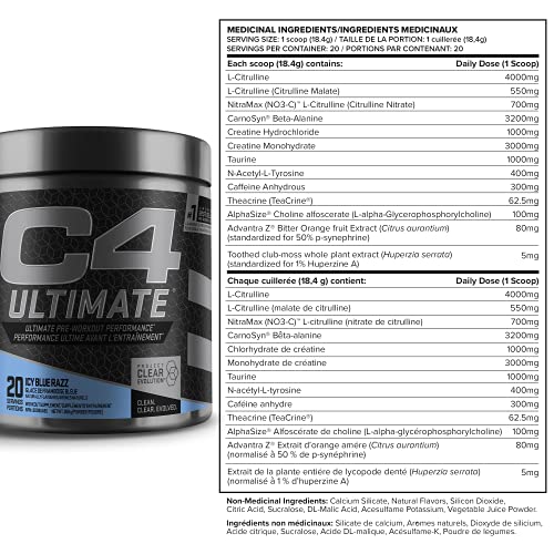 C4 Ultimate Pre-workout Powder, Natural Preworkout Supplement Drink for Workout Energy - Icy Blue Razz, 20 Servings