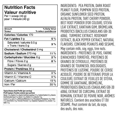 Vega Sport Protein, Peanut Butter (19 Servings, 814g) - Plant Based Vegan Protein Powder, BCAAs, Amino Acid, Tart Cherry, Non Whey, Gluten Free, Non GMO